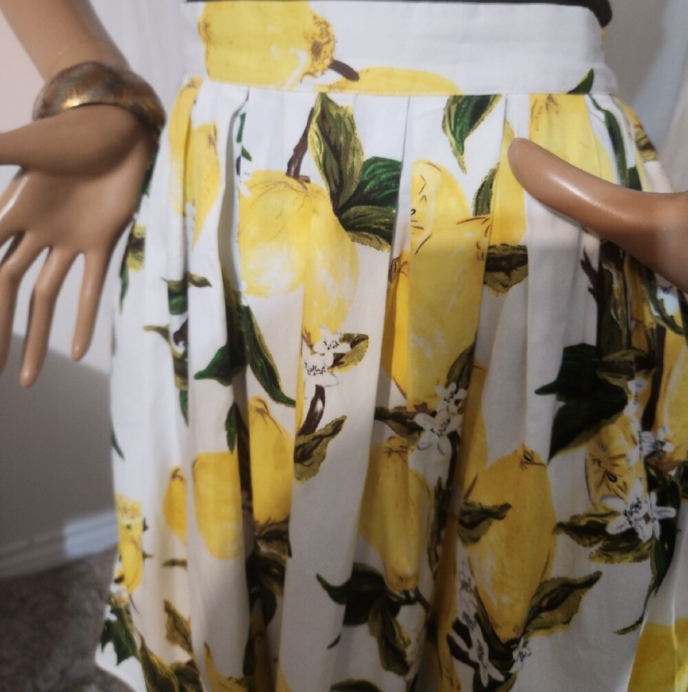 Grace Karin White Lemon Print Full Skirt with Green Accents Small - Picture 3 of 9